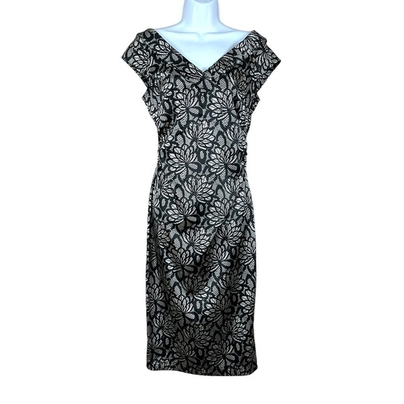 Size 8 Maggy London Black White Lace Print Satin Dress V Neck Event Party - Picture 1 of 12